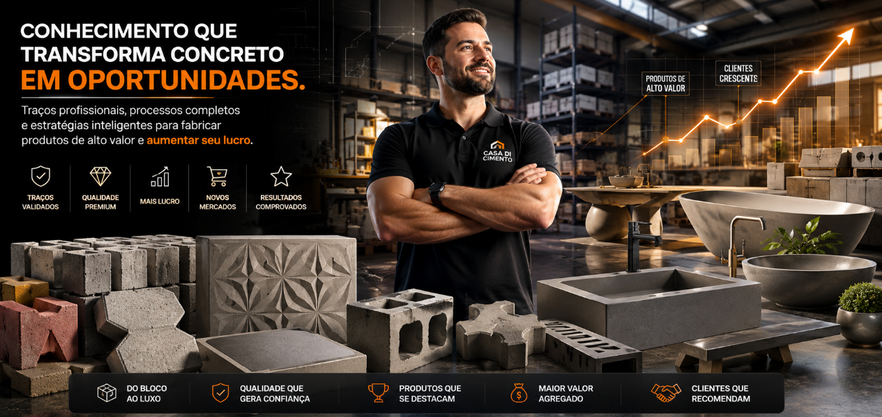 Produtos cimentícios acabados — pisos, blocos, cubas, bancadas e peças arquitetônicas